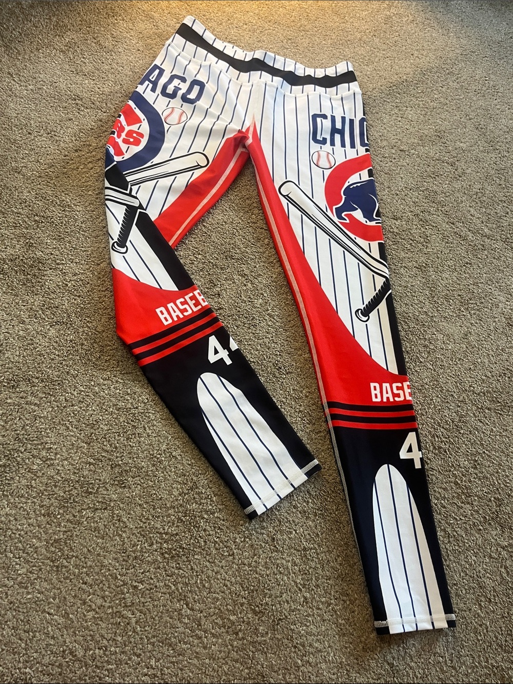 🇺🇸⚾️🐻Chicago Cubs Baseball Workout/Yoga Leggings szL Pinstripe Red White Blue - Picture 7 of 9